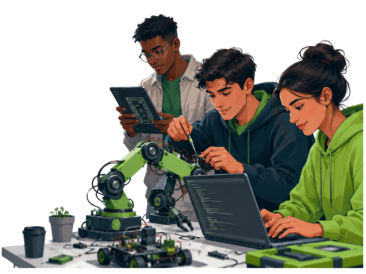 Students smiling while showing a robot they built